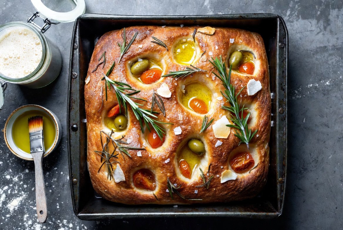 Golden-brown sourdough focaccia with olive oil glistening on its dimpled surface